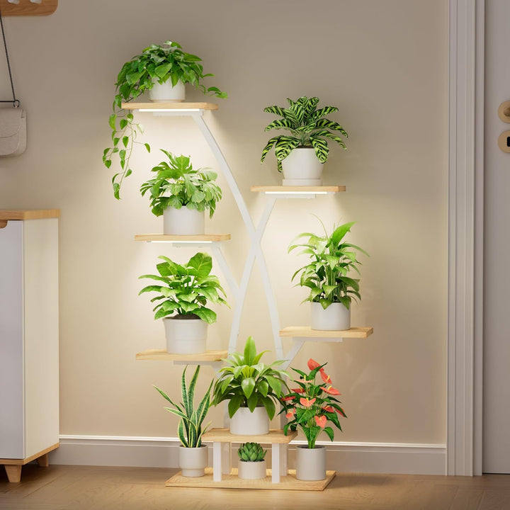 Pflanzenständer mit Wachstumslicht - 7 Ebenen Blumenständer 105cm Metall Holz Pflanzenregal - Innen