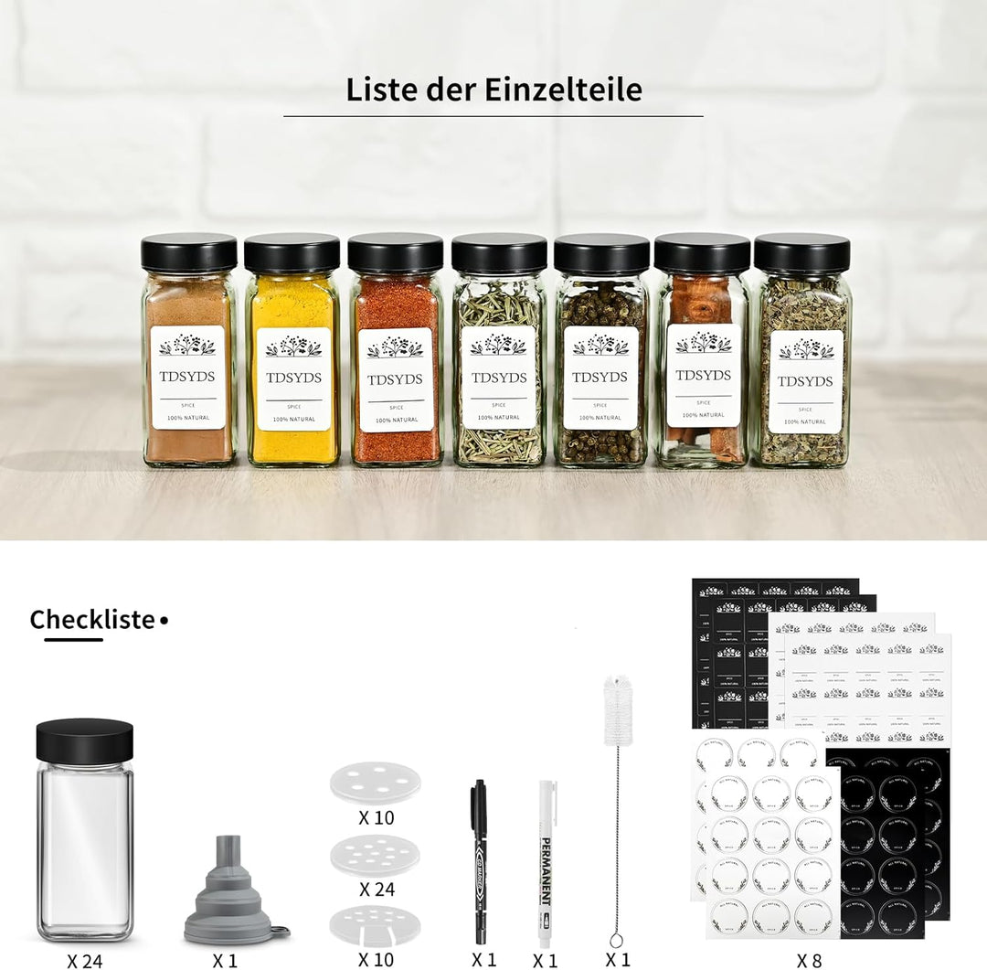 TDSYDS 24 Gewürzgläser Eckig mit Streueinsatz,Edelstahl Schwarz Deckel Gewürzdosen Set 120ml,Gewürzs