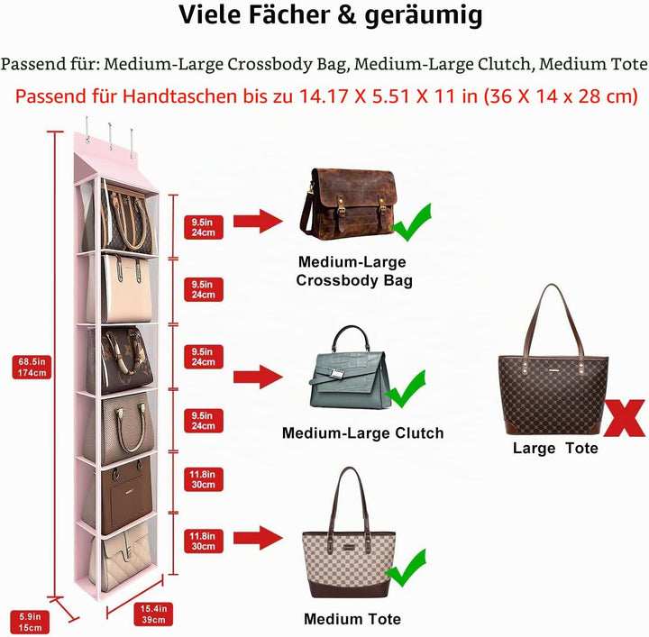 Lirex Geldbörsen-Organizer, 6 Taschen Handtaschen-Organizer mit Reissverschluss zum Aufhängen, für S