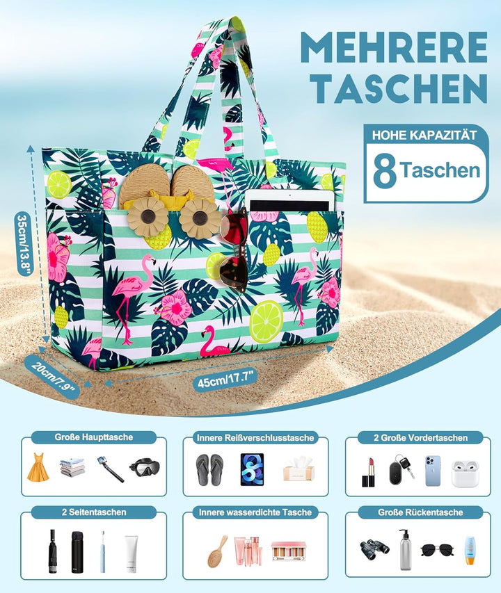ISEYOU Strandtasche XXL Familie, Gross Strandtasche mit Reissverschluss Wasserdicht Sanddicht, Handt
