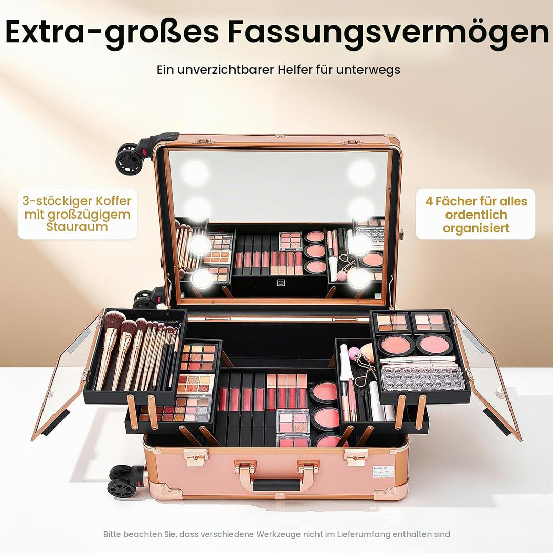 Kosmetikkoffer Trolley Schminkkoffer mit Beleuchtung &amp; Spiegel, Make up Koffer mit verstellbare Bein