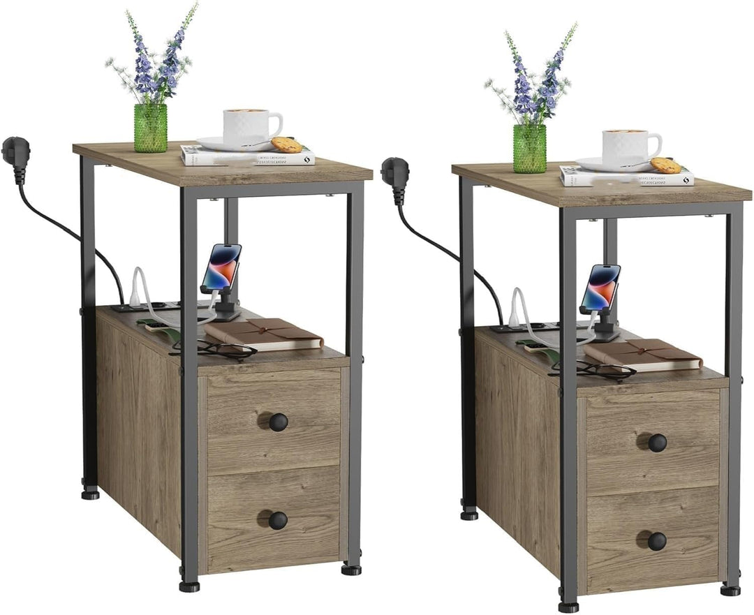 PIPIPOXER 2er Set Beistelltisch mit Ladestation,Nachttisch schmal mit Steckdose, Nachttisch mit 2 AC