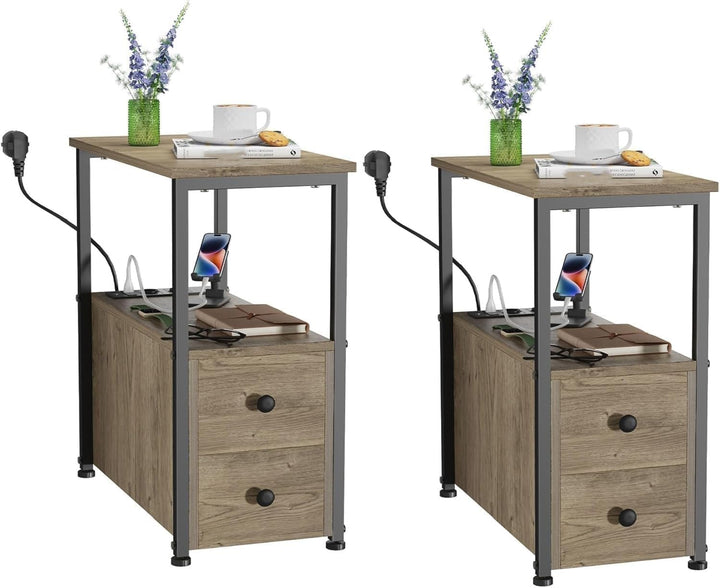 PIPIPOXER 2er Set Beistelltisch mit Ladestation,Nachttisch schmal mit Steckdose, Nachttisch mit 2 AC