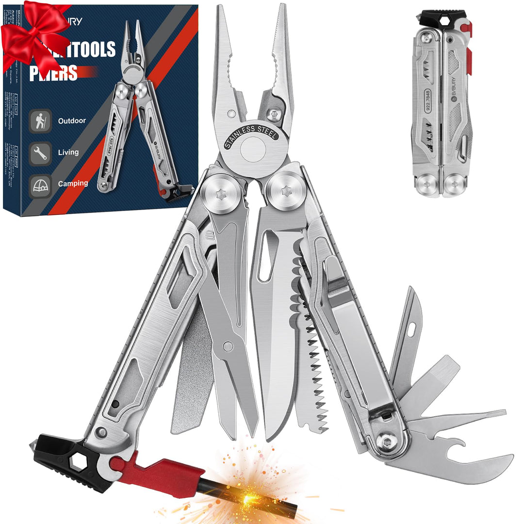 BIBURY Multifunktionale Zange mit Feuerstein &amp; Fensterbrecher, Faltbares Multitools für Männer Ideen