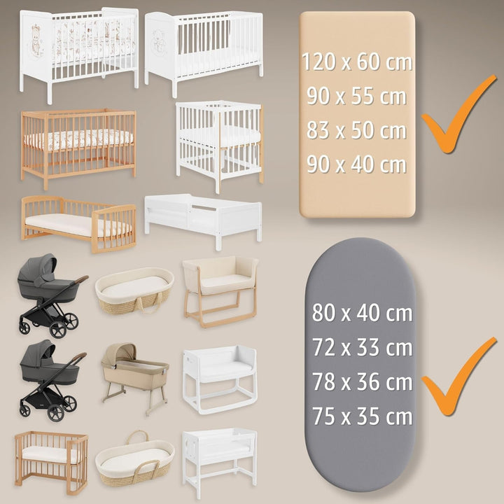 Spannbettlaken Kinderwagen stubenwagen für Babybett 3er Set: 90 x 55 cm - 2X Bezug mit 1x Wasserdich