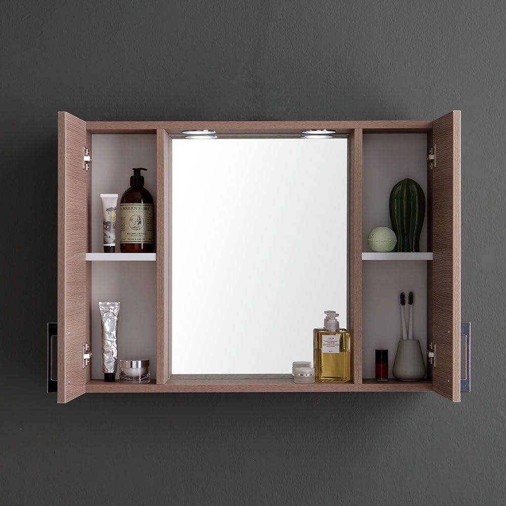 KIAMAMI VALENTINA Ablagespiegel mit Seitenschränken, Regal und LED-Strahlern 77cm Eiche Rauch