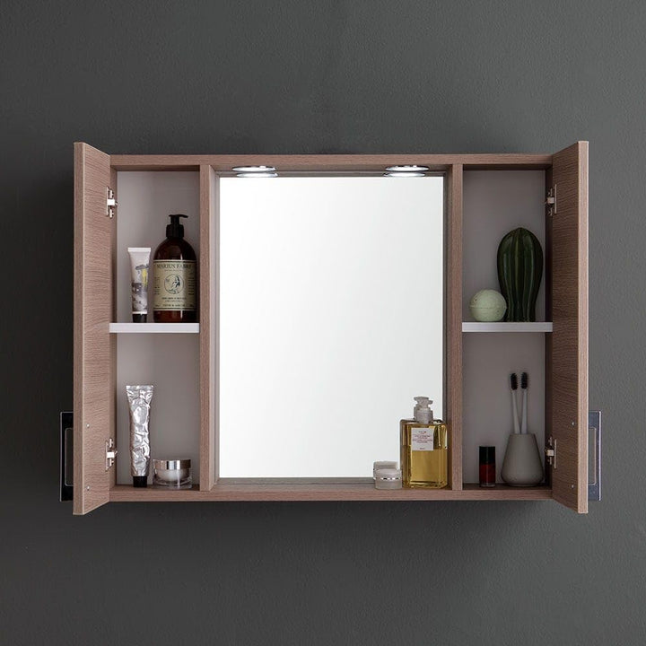 KIAMAMI VALENTINA Ablagespiegel mit Seitenschränken, Regal und LED-Strahlern 77cm Eiche Rauch