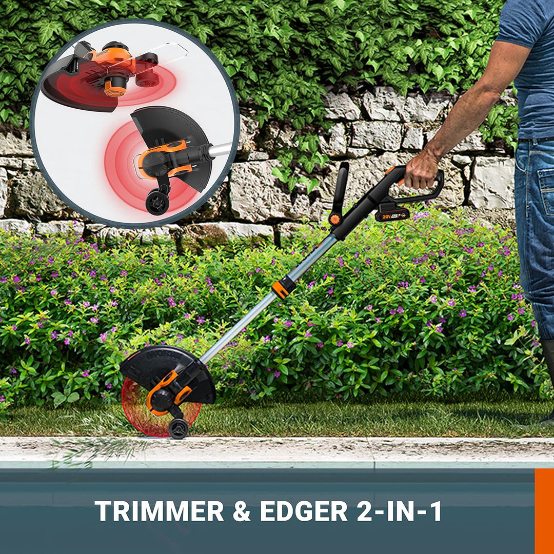 WORX 18V Akku Rasentrimmer, 2-in-1 Rasentrimmer mit 90° drehbarer Trimmerkopf, 30cm Schnittdurchmess