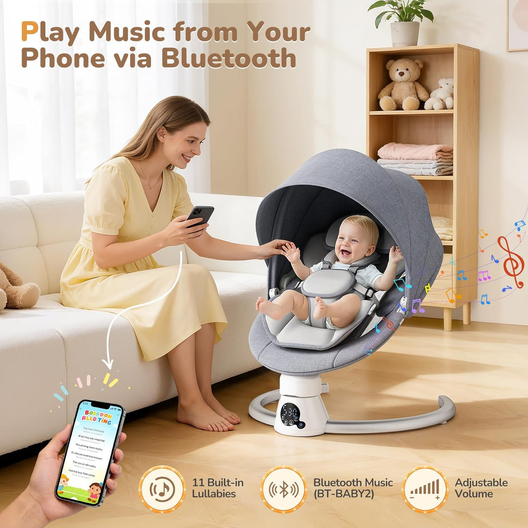 Babywippe Elektrisch mit Fernbedienung und App-Steuerung, 5 Schaukelgeschwindigkeiten, 3 Timer, 11 I