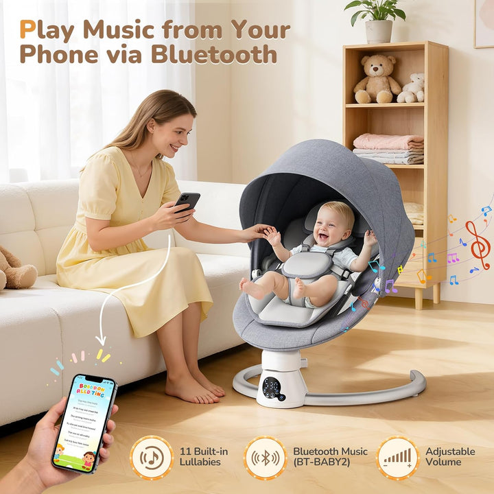 Babywippe Elektrisch mit Fernbedienung und App-Steuerung, 5 Schaukelgeschwindigkeiten, 3 Timer, 11 I
