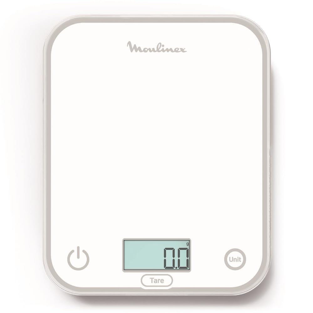 Moulinex Optiss BN50U0V0 Digitale Küchenwaage, beleuchtetes Display, kratzfest, Kapazität 5 kg, Weis