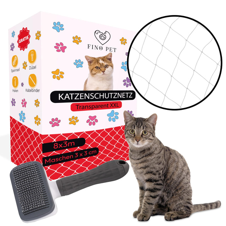 FinoPet Katzennetz für Balkon 8x3 Meter transparent mit Katzenbürste inklusive Befestigungsmaterial,
