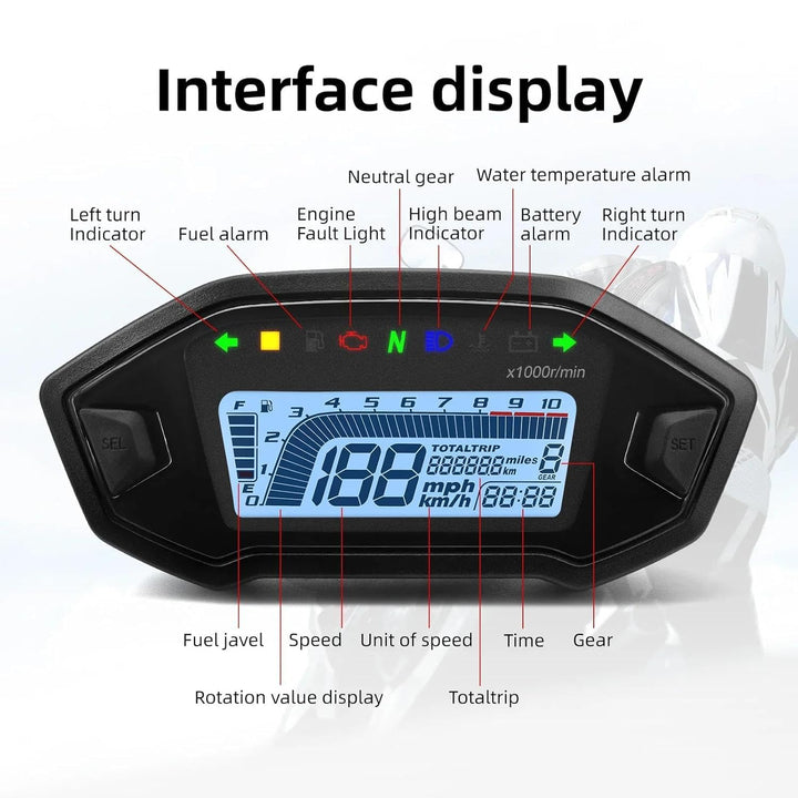 Geloo Motorrad Tachometer Tachometer, 13000 U/min Motorrad Messgerät LED Hintergrundbeleuchtung Digi
