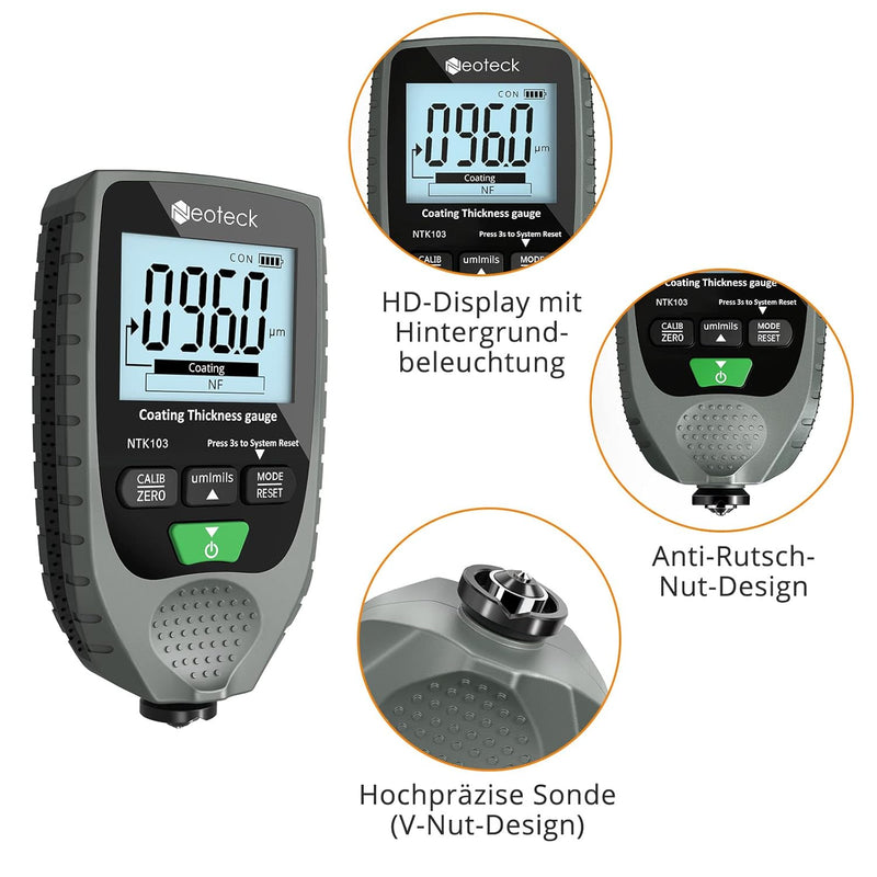 Neoteck Autolack-Schichtdickenmessgerät Handheld mit LCD-Display Hintergrundbeleuchtung für Stahl- u