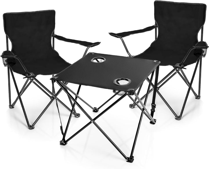 BigDean 2 Stück Campingstühle & Campingtisch faltbar – Faltstuhl in Schwarz mit Getränkehalter & Tra