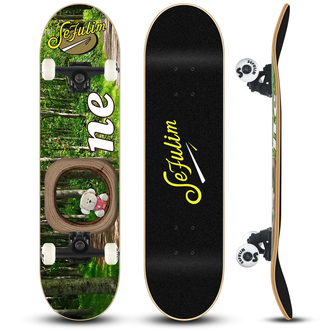 Sefulim 78,9 x 20,3 cm komplettes Skateboard, 7-lagig, kanadischer Ahorn, Doppel-Kick-Deck-Skateboar