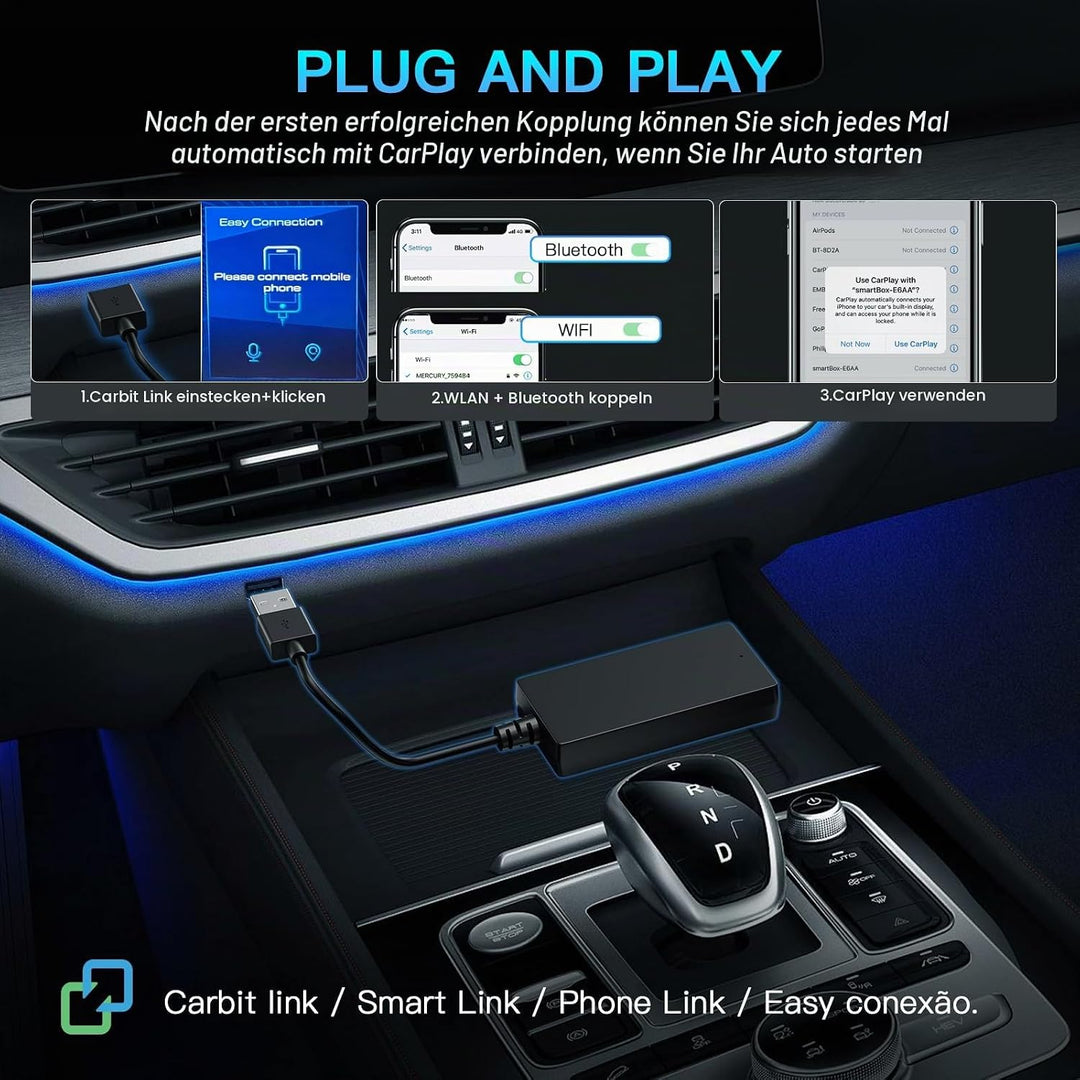 CARabc Carbitlink Smartlink Phonelink Einfach zu kabelloser CarPlay Android Auto-Adapter, Plug and P