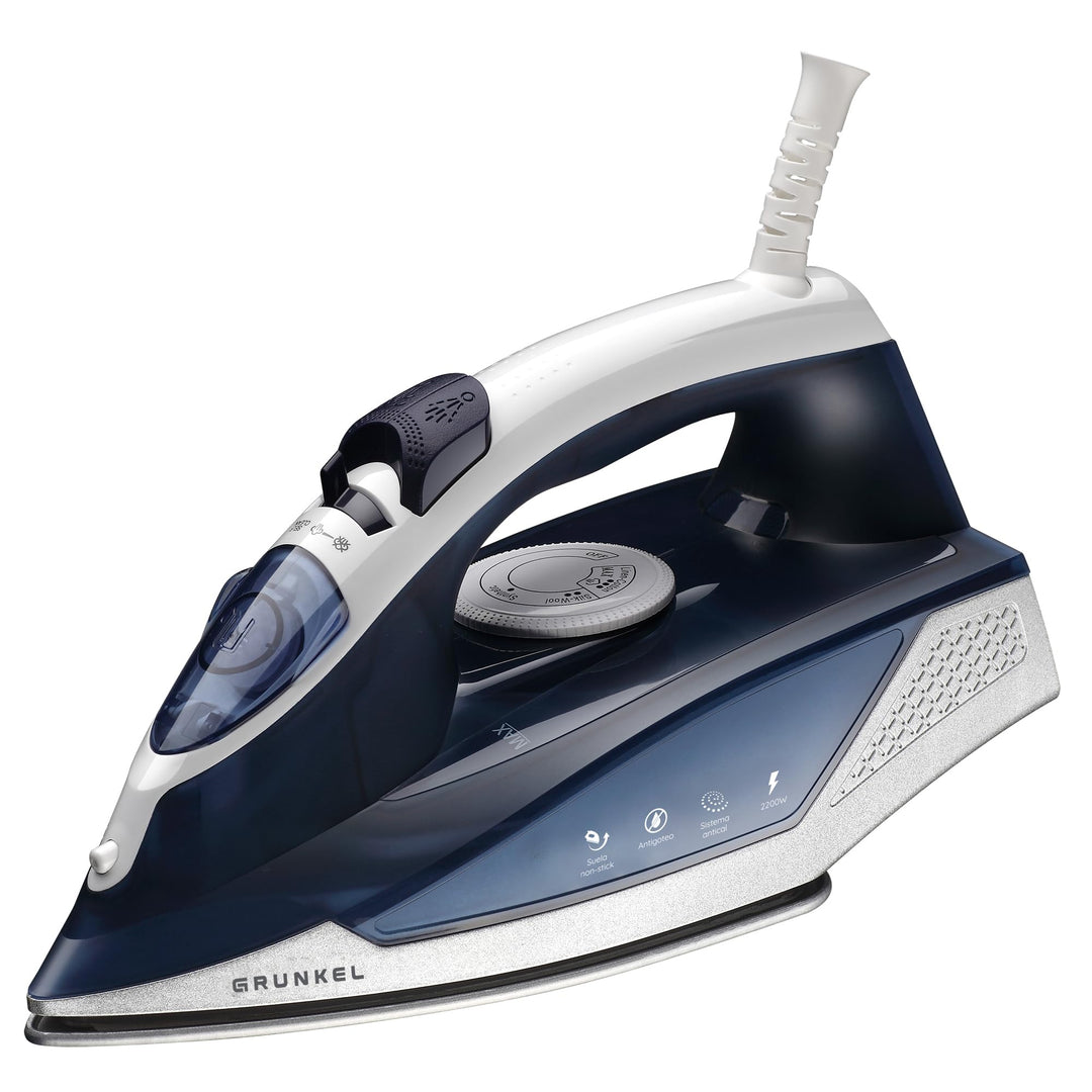 Grunkel - 2200-Watt Dampfbügeleisen mit rutschfester Antihaftsohle — PL-22NS — 3 Betriebsarten, Trop
