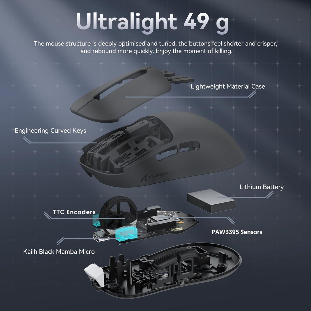 ATTACK SHARK X3 49g Ultraleicht Maus, PixArt PAW3395 Gaming-Sensor, BT/2,4G Kabellose/Kabelgebundene
