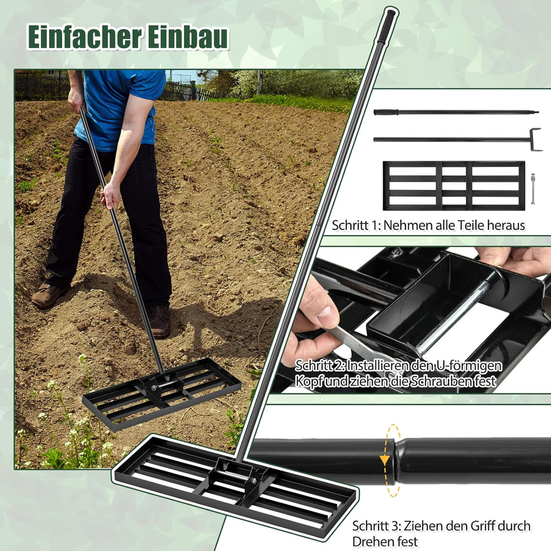 COSTWAY Rasen Nivellierrechen Metall, Rasenrechen mit ergonomischem Griff, Nivellierung von Sand Bod