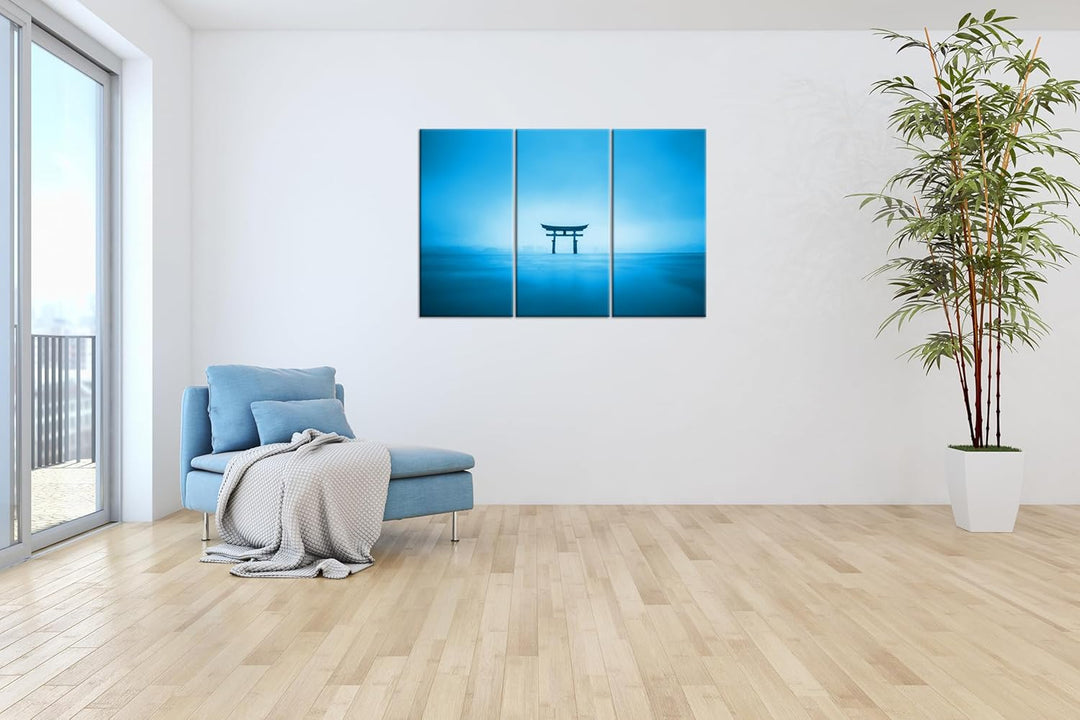 deyoli Schrein in Japan am Meer Format: 120x80 cm (3Teilig) Effekt: Monocrome Blau als Leinwandbild,