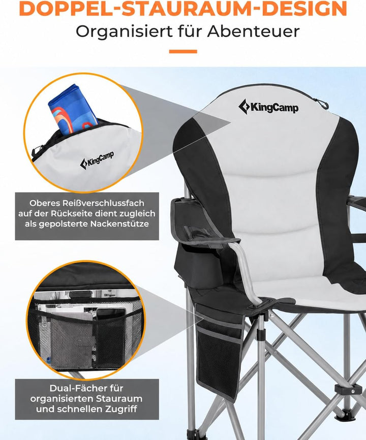 KingCamp Campingstuhl mit Verstellbarer Rückenlehne und Kühltasche bis 160 kg belastbar 2 Pack Schwa
