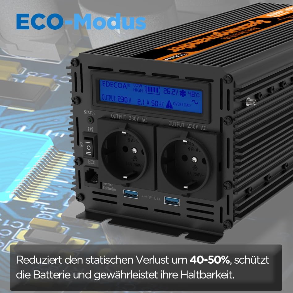 EDECOA Wechselrichter 24v 230v 2000w Reiner Sinus Spannungswandler mit ECO-Modus LCD-Bildschirm 2X U