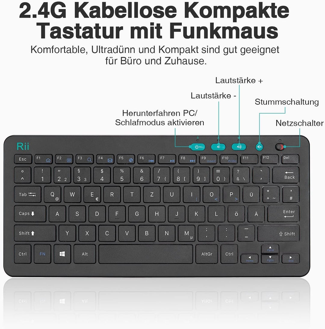 Rii Tastatur Kabellos, 2.4G FunkTastatur für Laptop, PC und Smart TV, Deutsches QWERTZ Layout, Schwa