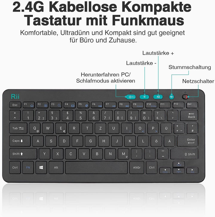 Rii Tastatur Kabellos, 2.4G FunkTastatur für Laptop, PC und Smart TV, Deutsches QWERTZ Layout, Schwa