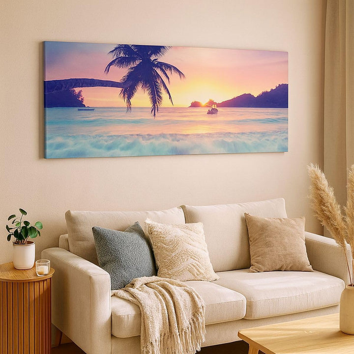 Wandbilder Dekoration Wohnzimmer Meer Strand Palme Panorama Bilder auf Leinwand 120x50cm Leinwandbil