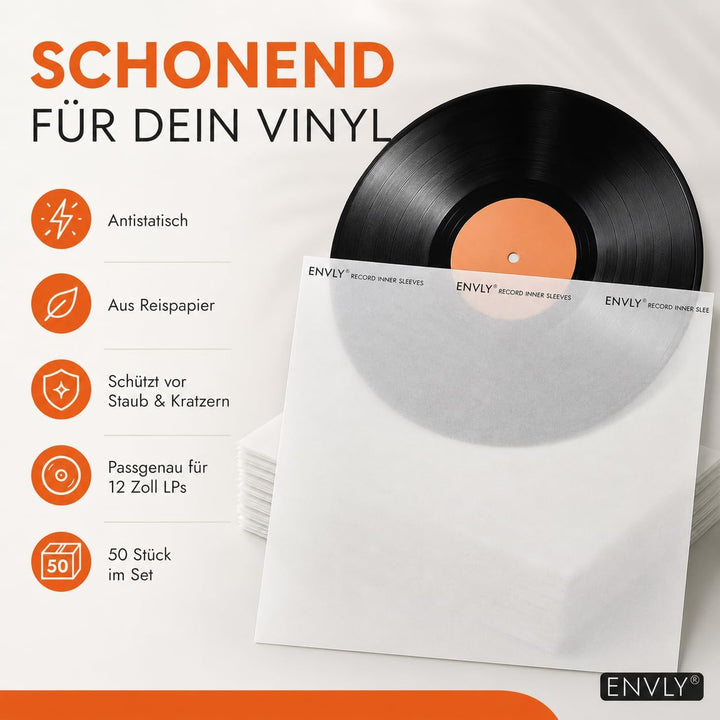ENVLY® Schallplatten Innenhüllen (50 Stück) | Reispapier | antistatisch (12")