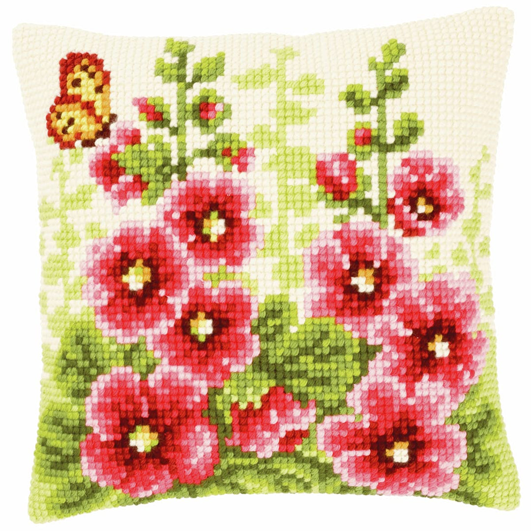 Vervaco Stockrosen Kreuzstichkissen/Stickkissen vorgedruckt, Baumwolle, Mehrfarbig, 40 x 40 x 0.3 cm