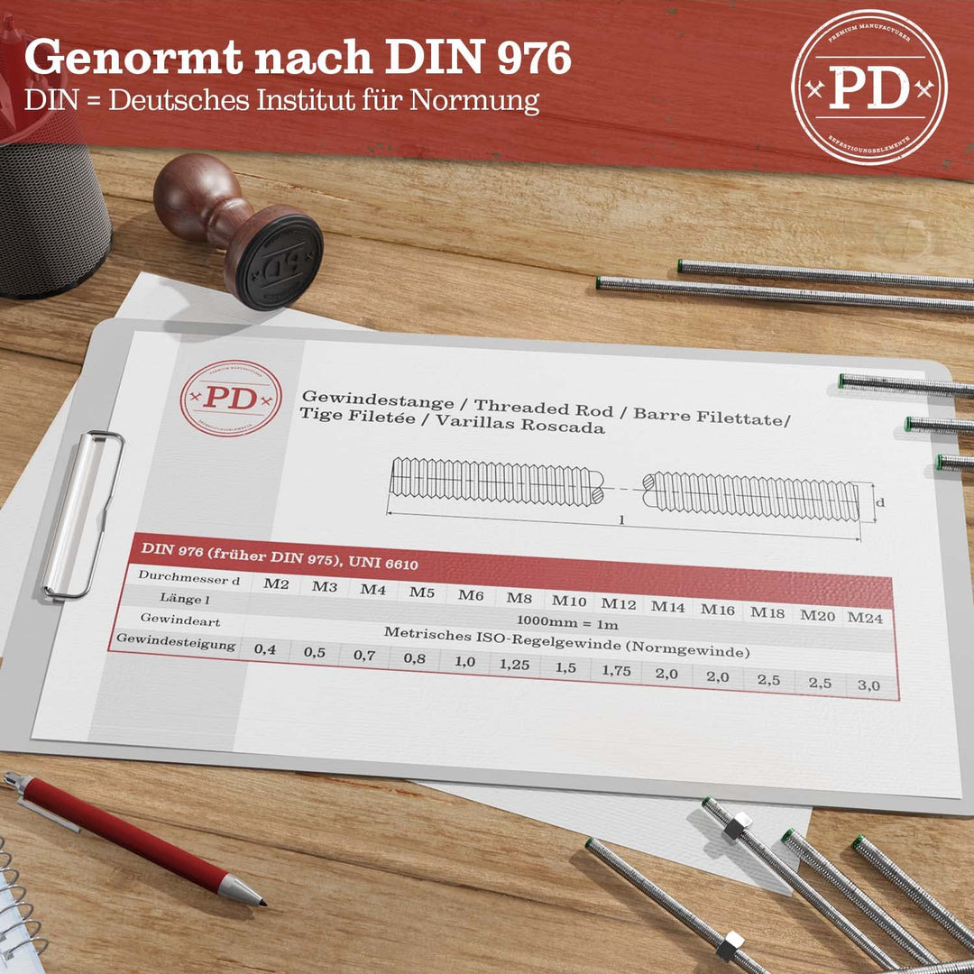 PD® Kunststoff Gewindestangen M16 (DIN 976 / DIN 975) | 1 Meter Gewindestab aus Nylon mit Regelgewin