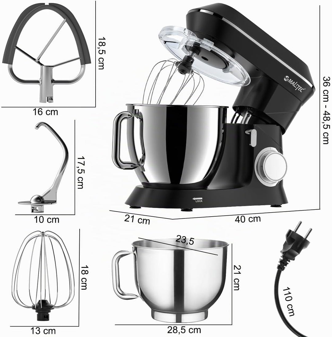 MalTec Planet Küchenmaschine | MaltecChef 2200W Knetmaschine | Rührhaken, Knethaken, Schneebesen, Sp