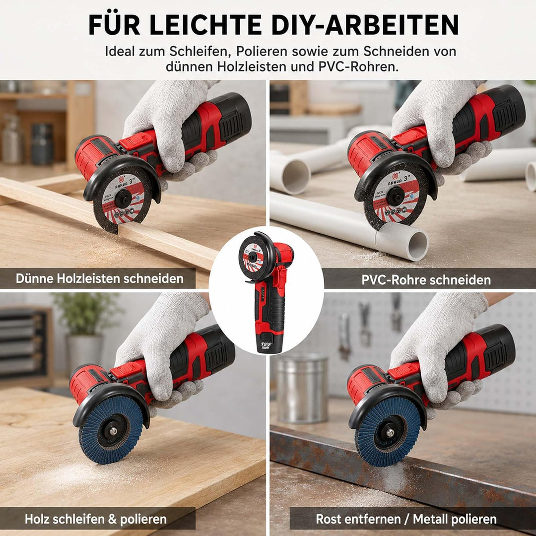 Mini Akku Winkelschleifer 12V, 76mm (3 Zoll) Bürstenloser | 2x 1500mAh Akku &amp; 8 Scheiben, 19500 U/mi