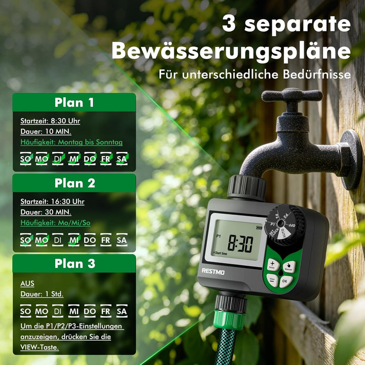 RESTMO Bewässerungscomputer mit druckverlustfreiem Kugelhahn (0-120 PSI), Wochen-Programm (3 Pläne)