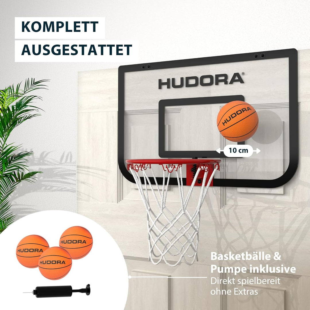 HUDORA Mini-Basketballkorb-Set Indoor – Set mit 3 Bällen und Ballpumpe – Basketballkorb fürs Zimmer/