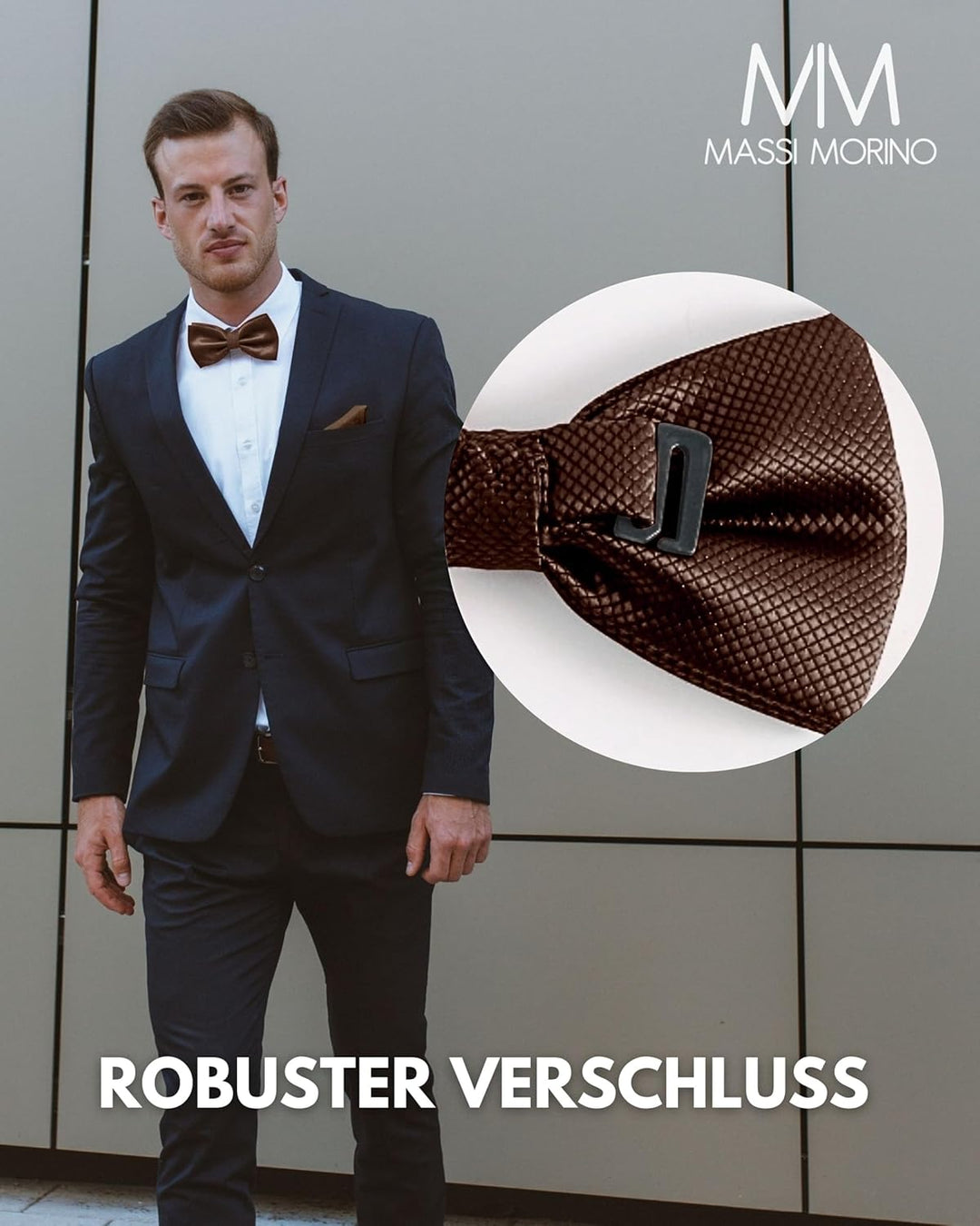 Massi Morino Fliege mit Einstecktuch für Herren Set - Anzug Herrenfliege zur Hochzeit - Verstellbare