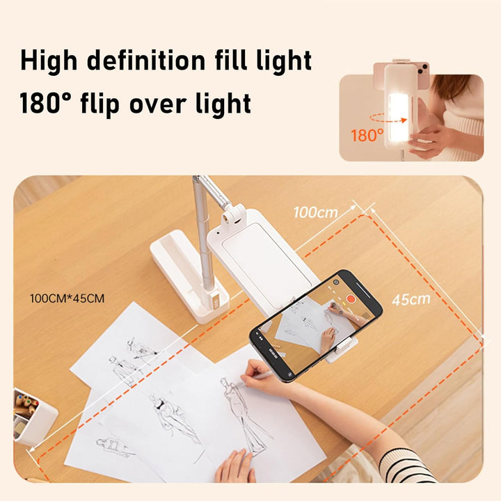 Ausziehbarer Selfie Ständer, mit LED Licht mit 5 Helligkeiten, um 360° Drehbarer, Wiederaufladbarer
