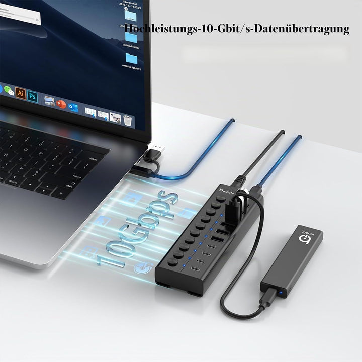 10 Port USB Hub mit Netzteil 60W - 10Gbps USB 3.2 Gen 2 Hub Aktiv aus Aluminium mit 6 USB-A & 4 USB-