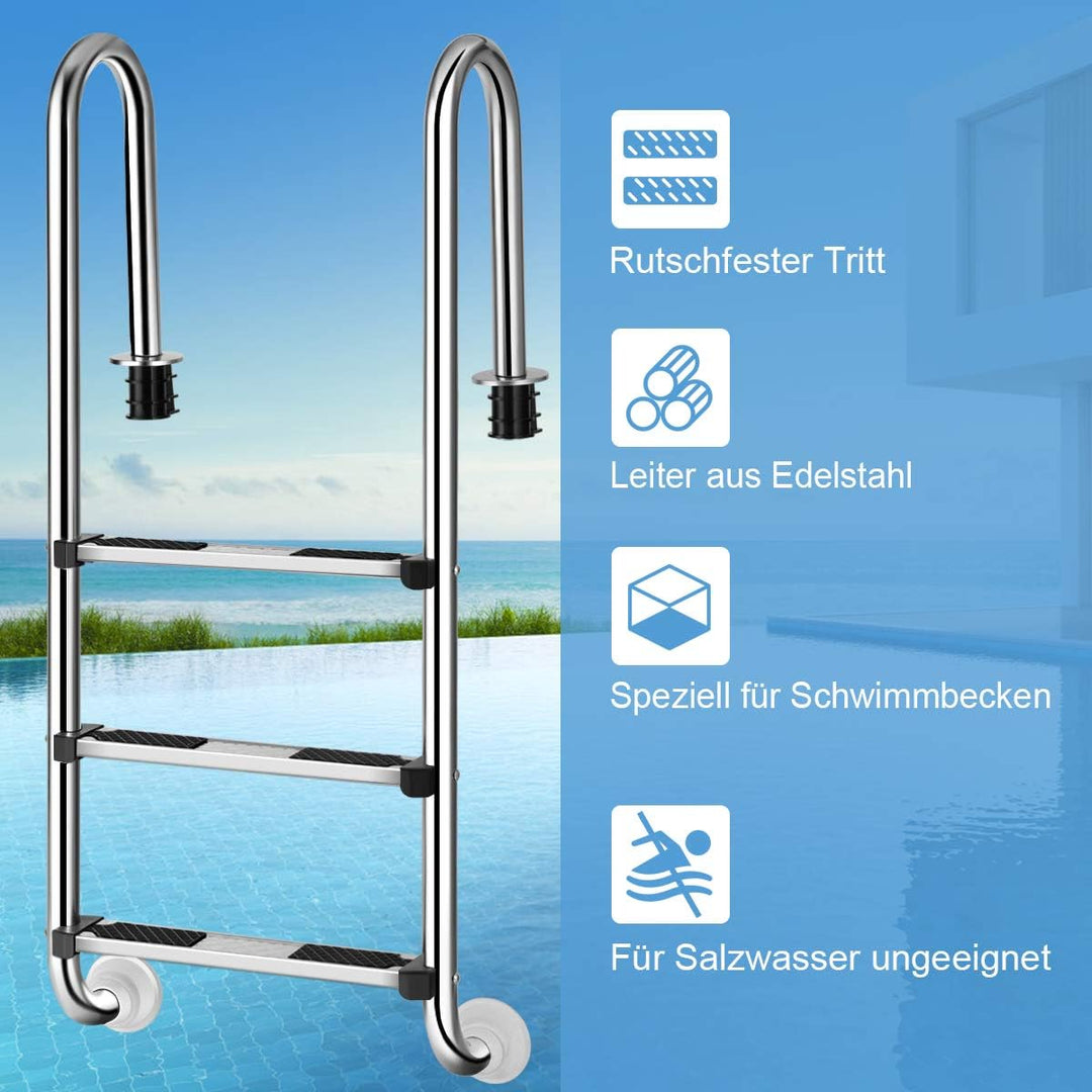 COSTWAY Edelstahl Poolleiter, Schwimmbad Leiter 3 stufig, Einstiegsleiter Silber bis 150kg belastbar