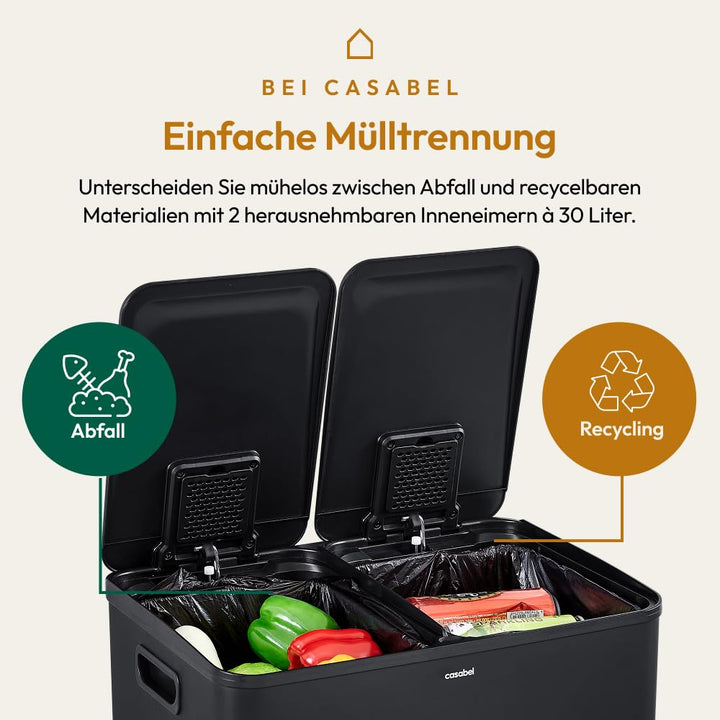 CASABEL Selektiver Sortierbehälter für Küchenabfälle 60L - 2 x 30 Liter, Doppelfächer, schwarzer Ede