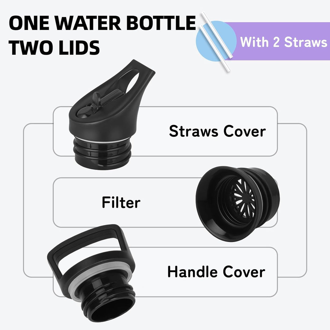 Trinkflasche Edelstahl, Sport Trinkflasche 1 liter, Thermosflasche Mit 2 Deckeln, Doppelwandige Vaku