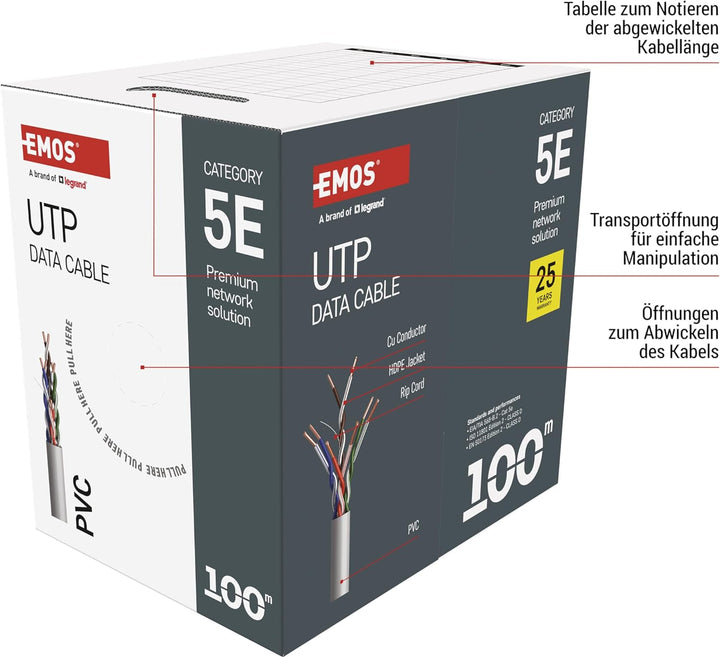 EMOS - UTP Netzwerkkabel CAT 5e, 100m, PVC - CAT5e-Patchkabel UTP - Gigabit LAN Kabel - ungeschirmte