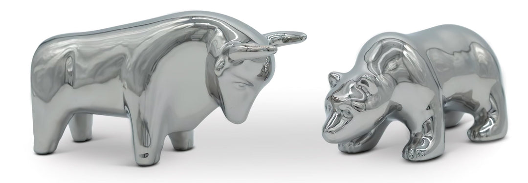 FeinKnick Keramik-Skulptur Bulle und Bär als Symbol für Wirtschaft &amp; Börse - Moderne Dekofigur in Si