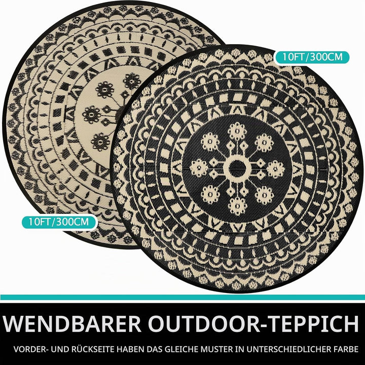 Capslpad Rund Aussenterrasse Teppich ∅300cm Wende Picknickmatte Wasserdichter Kunststoff-Strohteppic