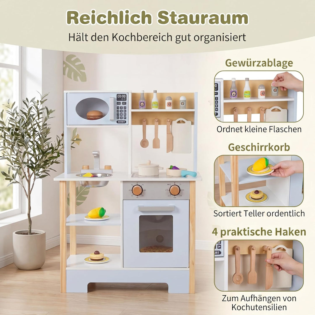 DREAMADE Kinderküche Holz, Spielküche mit 13 Zubehör | kinder küche mit Tafel, Mikrowelle, Ofen, Spü
