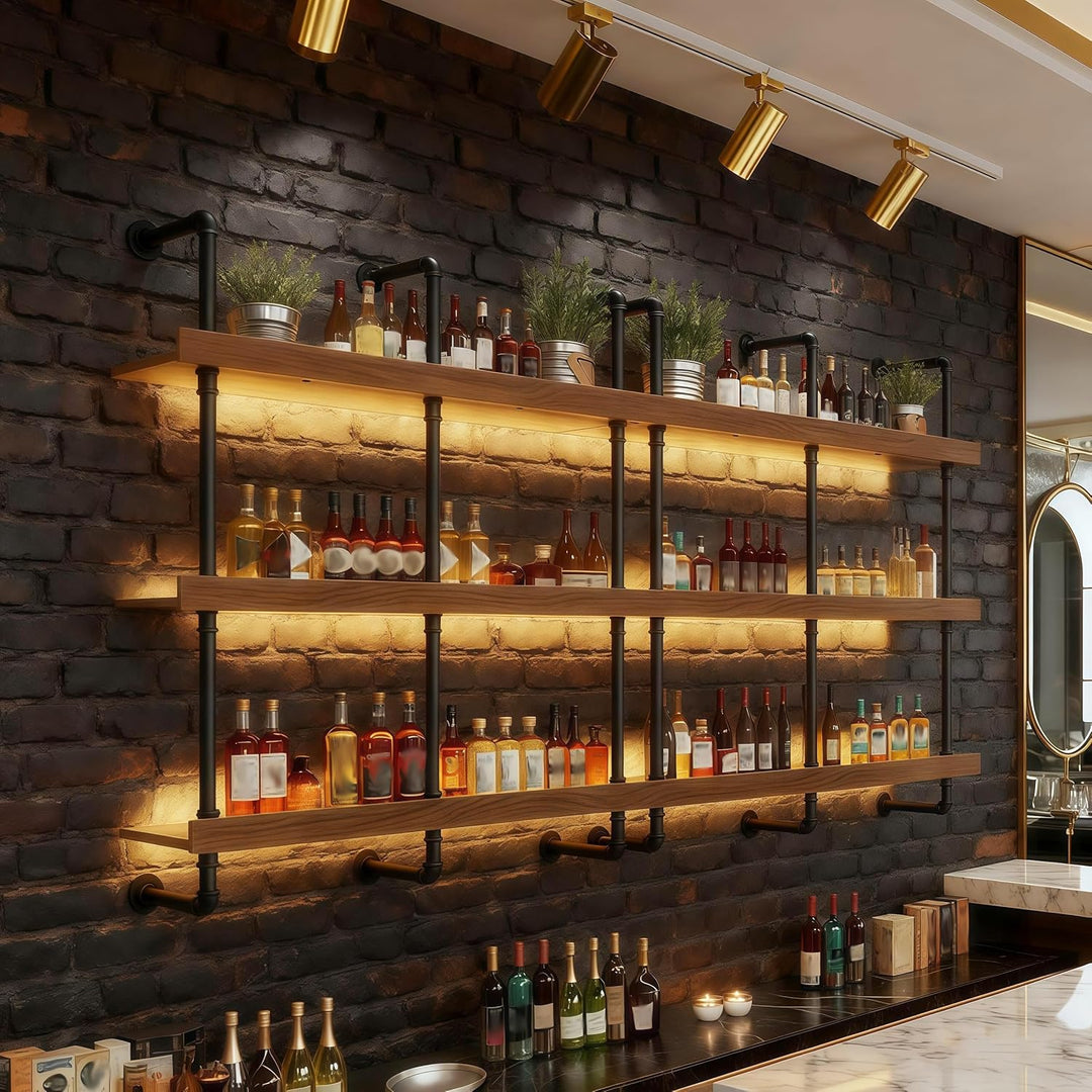 80CM Weinregal Wand Massivholz, 3 Ebenens chwebendes Flaschenregal im Industrie-Stil, Multi funktion