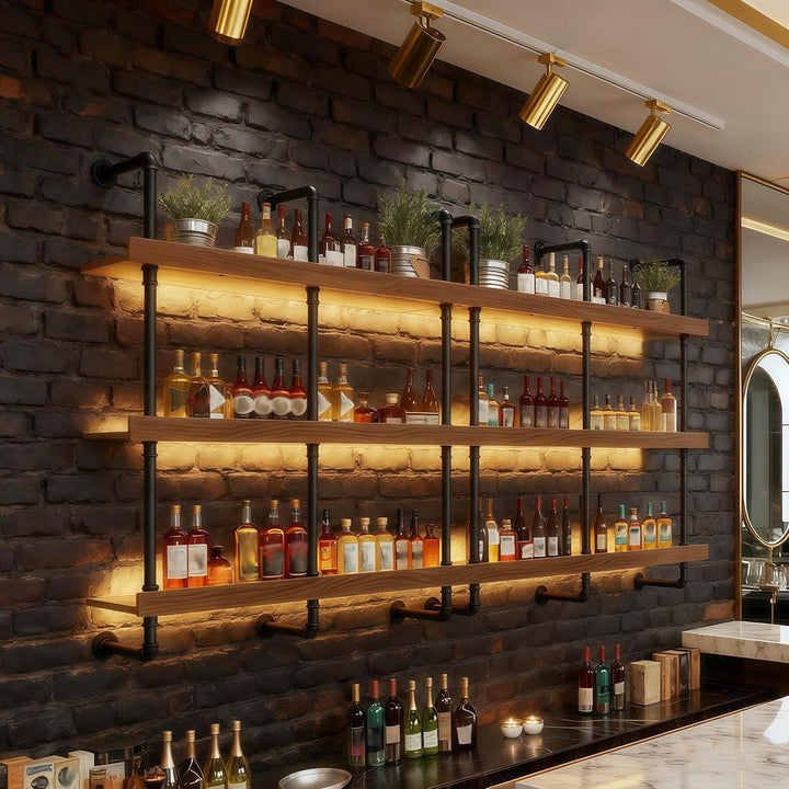 80CM Weinregal Wand Massivholz, 3 Ebenens chwebendes Flaschenregal im Industrie-Stil, Multi funktion