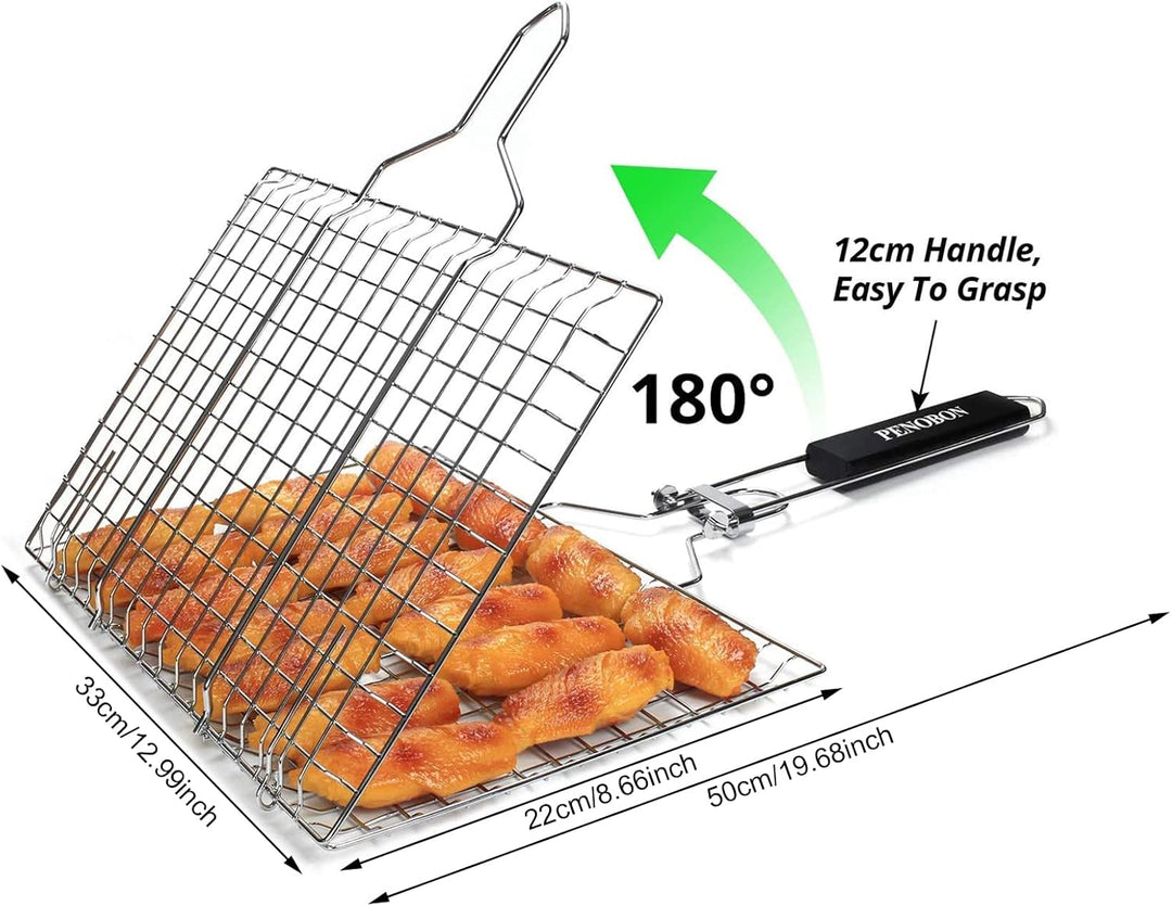 penobon Fisch-Grillkorb, faltbar, tragbarer Edelstahl-Grillkorb für Fischgemüse, Garnelen mit abnehm